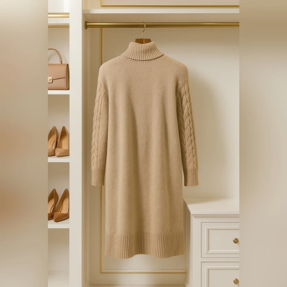 Sweater Dress Capsule Classic Cable Knit Soft Stretch Turtleneck Midi New
